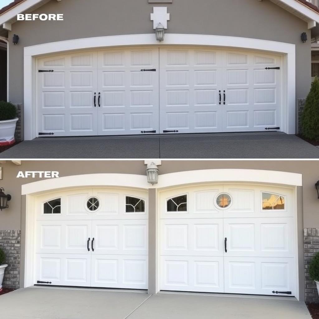 Coastal style garage door installation with porthole windows by Reardan Garage Doors