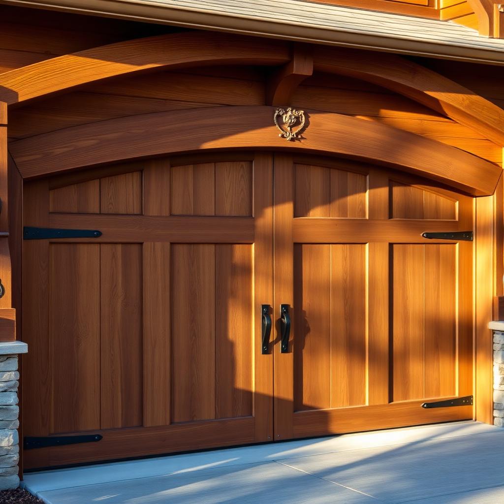 Elegant rustic wooden garage door with decorative hardware on craftsman home in Spokane