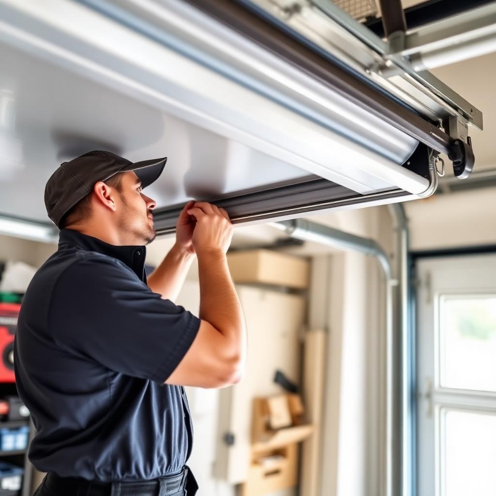 Professional garage door technician installing weatherstripping in Spokane area